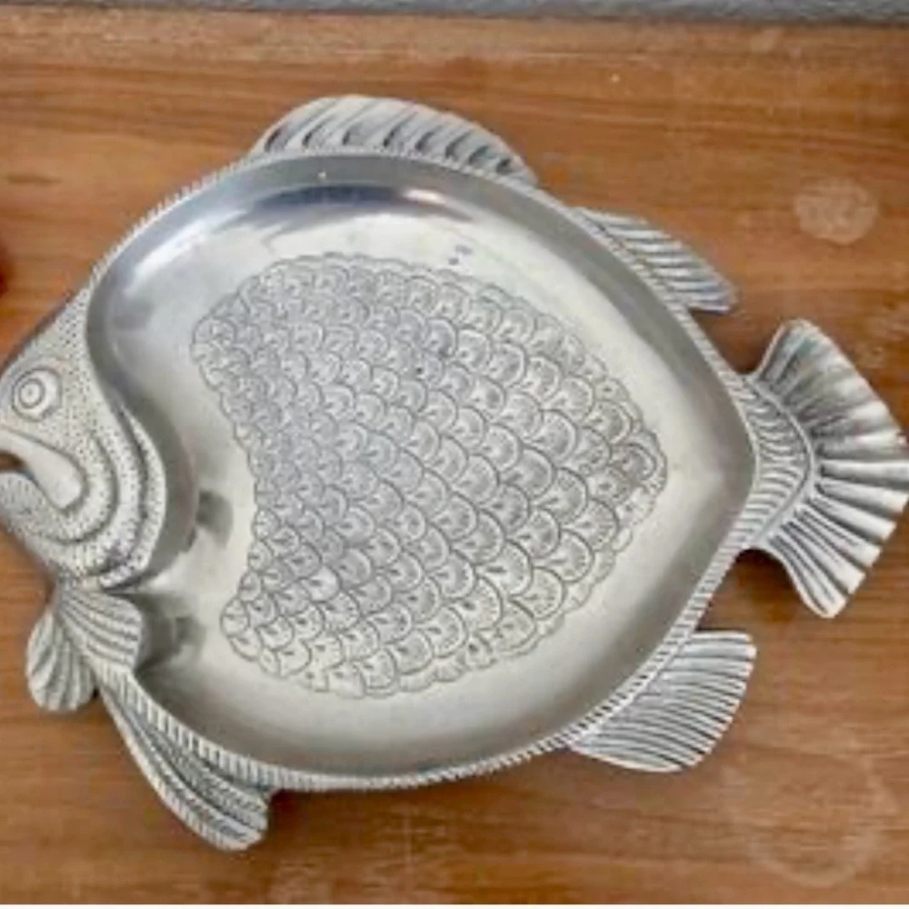 Pewter Fish Serving Tray, Silver-Tone, Embossed and Detailed.
